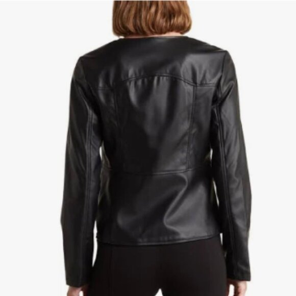Tahari Black Faux Leather Jacket Moto Full Zip Round Neck Size 4 New Without Tag - Picture 2 of 14